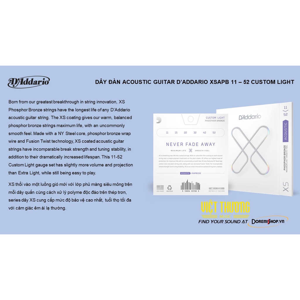 DÂY ĐÀN ACOUSTIC GUITAR D’ADDARIO XSAPB 11 – 52 CUSTOM LIGHT