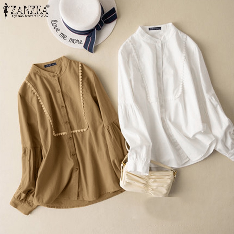 Áo Kiểu ZANZEA Tay Phồng Dài Cổ Đứng Phối Ren Họa Tiết Hoa Cúc Màu Trơn Thanh Lịch Vintage Cho Nữ Mặc Hàng Ngày