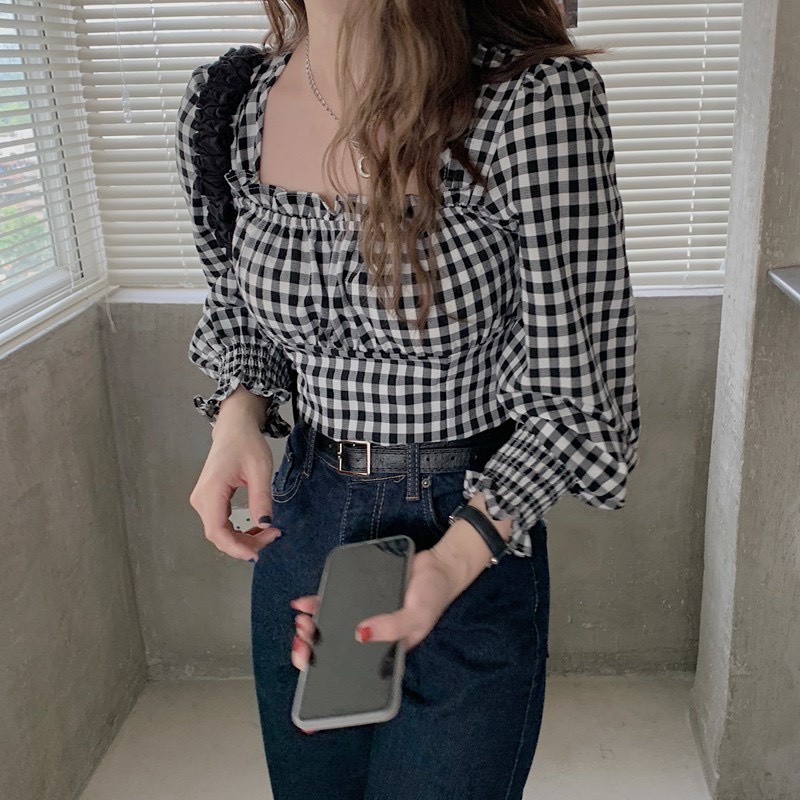 [Mã FAMARAL1 giảm 10K đơn 50K] Áo Croptop Cổ Vuông Tay Dài Nhún Ngực Viền Bèo Nơ Sau Cổ A5275