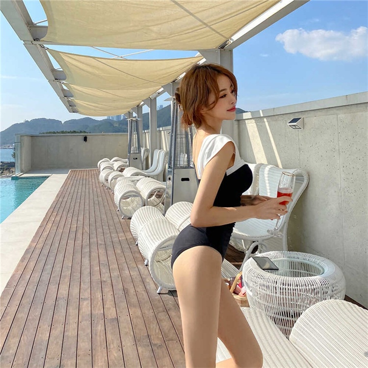 Bikini đen giấu bụng, monokini một mảnh che khuyết điểm viền ngực trắng đẹp cho nàng ngực nhỏ, đồ bơi mới