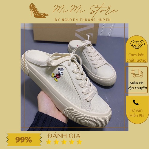 Giày sục thể thao sneaker vải canvas Mickey xuất Zara màu kem be full box tag bill | Giày bata đế bánh mì 3cm