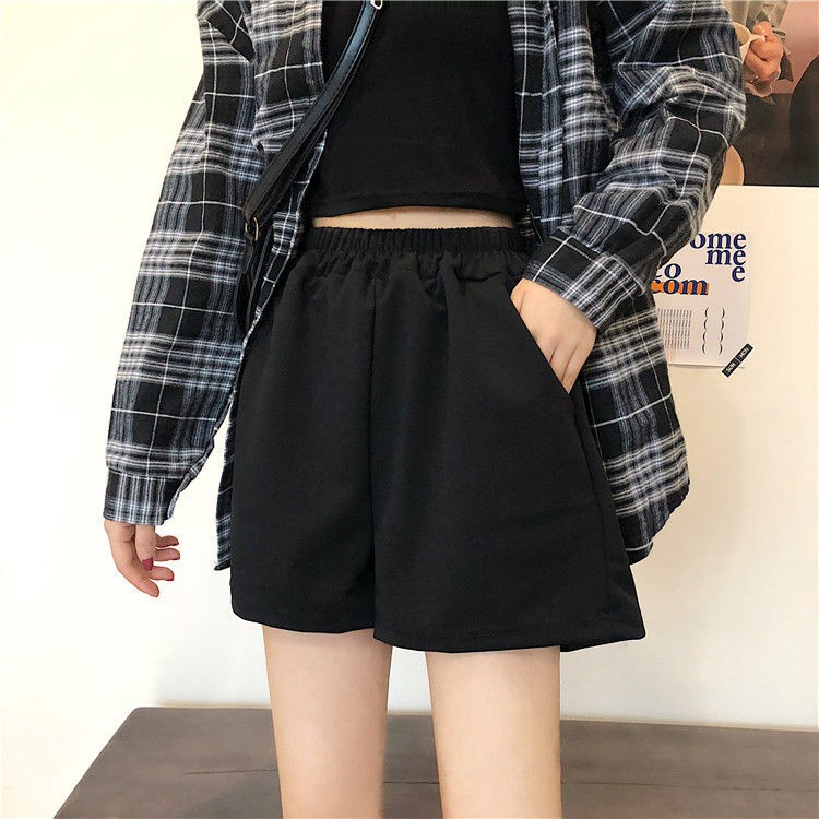 Bộ Đồ Ngủ Thể Thao Áo Thun Tay Ngắn + Quần Short Lưng Cao Ống Rộng Màu Đen Phong Cách Hàn Quốc Thời Trang Mùa Hè Cho Nữ 2021