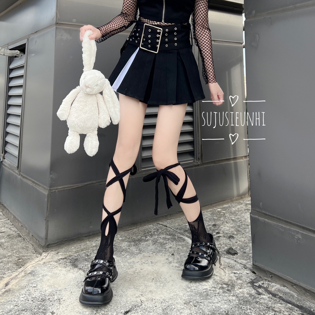 (loại đẹp, dày dặn) tất / vớ thun ren hoa lưới lolita dạng buộc, thắt dây cao phong cách cho nữ