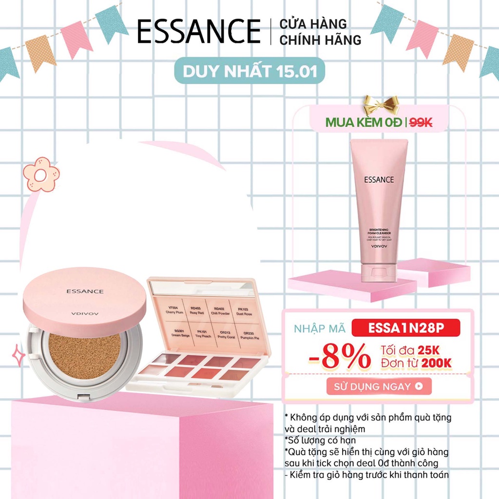 Phấn nước mịn lì mờ khuyết điểm Veil Fit Cushion SPF50+ PA+++ 15g &amp; Bảng son lỳ 8 màu Essance Lip Rouge Velvet Palete 8g