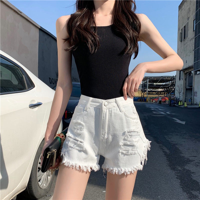 Quần short denim cạp trễ thời trang nữ hè 2021 phong cách Hàn Quốc mới cao slim-fit hồng nóng