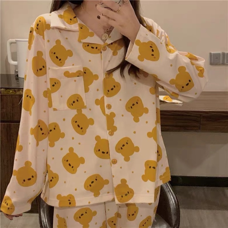 Bộ Đồ Ngủ Pijama Mặc Nhà Nữ Gấu Vàng Form Rộng Dáng Dài