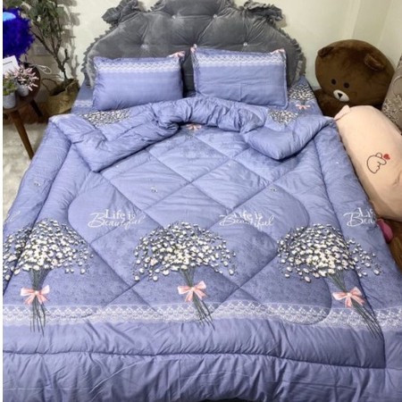 Trọn bộ 5 món ga gối chăn phao poly cotton có ruột bông dày đủ kích thước