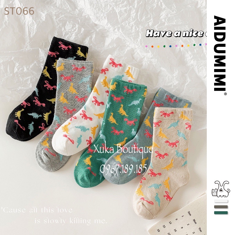 Set 3 Đôi Tất Cao Cổ Khủng Long AiDuMini Cao Cấp Cho Bé Từ 1 - 12 tuổi | Tất Bé Trai Bé Gái Hoạt Hình siêu đẹp