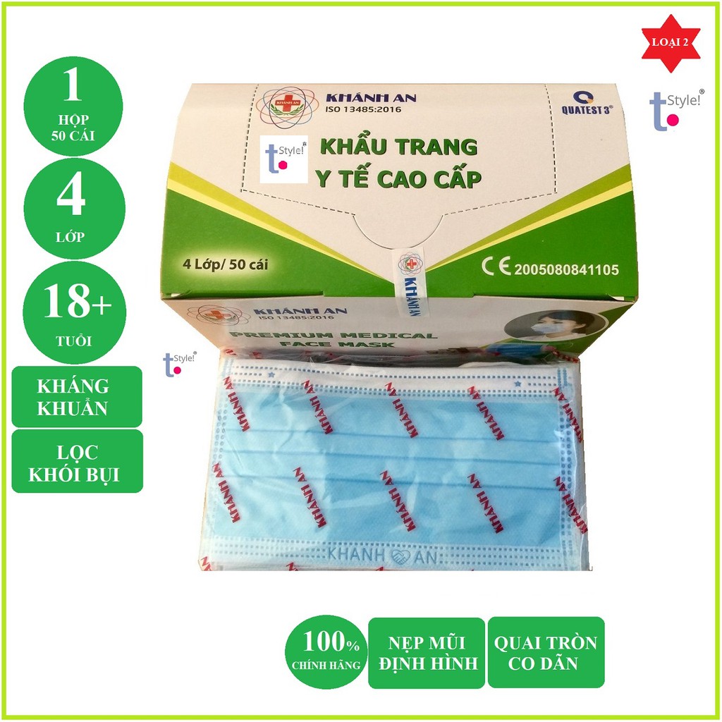 [Rẻ vô địch] Hộp 50 cái khẩu trang y tế Khánh An 4 lớp GIẤY kháng khuẩn màu XANH - XÁM