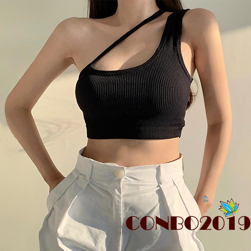 Áo croptop không tay hở vai dáng ôm màu trơn gợi cảm thời trang cho nữ