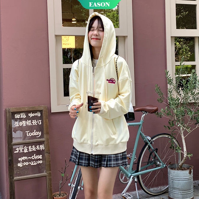 Áo khoác cardigan mỏng dáng rộng màu vàng nhạt in họa tiết có khóa kéo thời trang mùa thu cho nữ