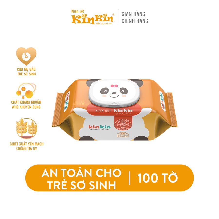 Khăn giấy ướt trẻ em an toàn cho cho làn da nhạy cảm KinKin không mùi/ hương trà xanh có nắp 100 tờ