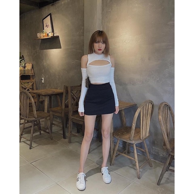 Áo Croptop Khoét Vai Tay Dài  Thun Gân Xịn