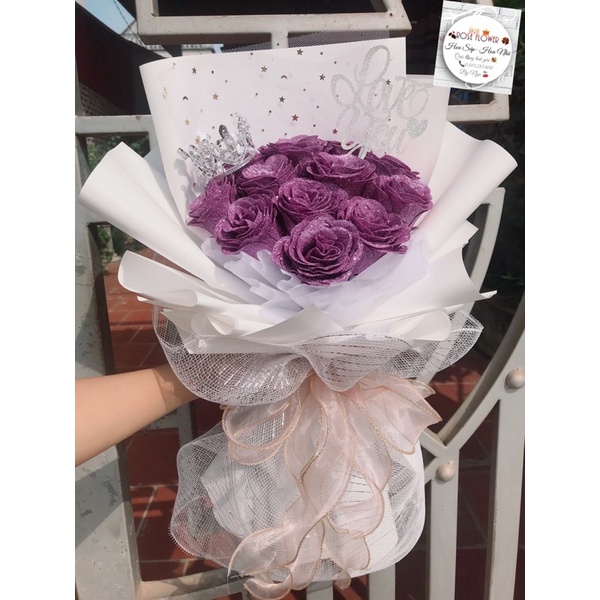 Bó Hoa Nhũ 12 Bông Kèm Chữ Và Thiệp