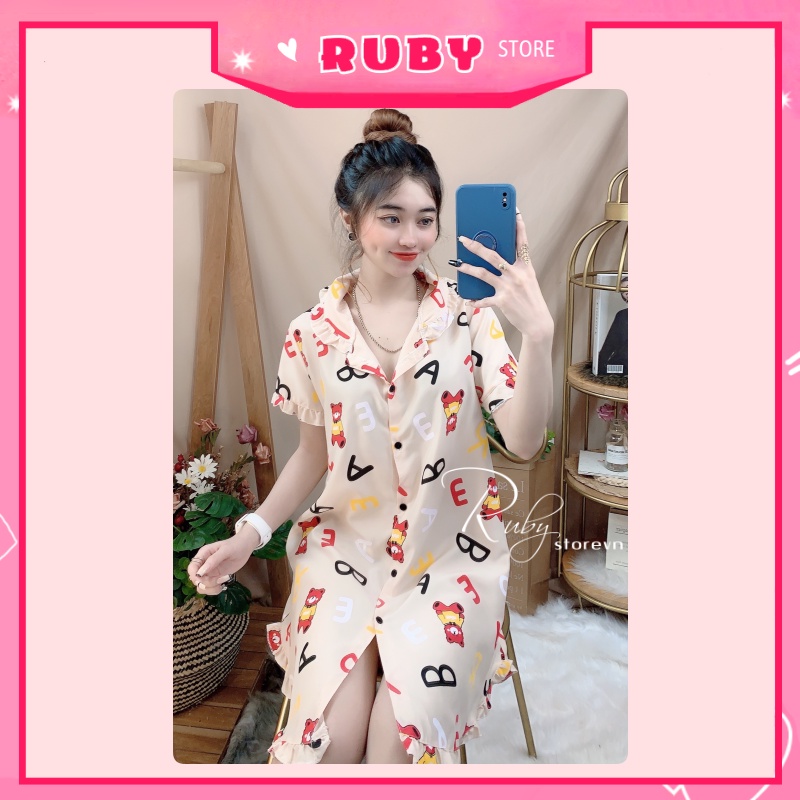 Đầm ngủ Hoạt Hình in Gấu họa tiết dễ thương, chất kate mịn đẹp Free Size Dưới 55KG ❤ Rubystorevn