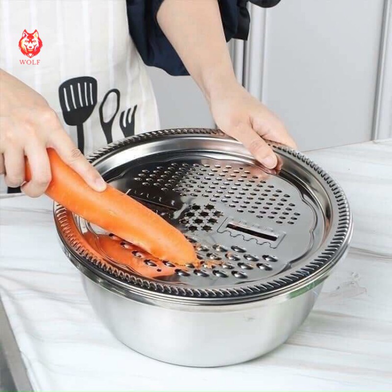 Bộ Rổ Nạo Rau Củ Inox Kèm Chậu Đa Năng 3 Trong 1 Siêu Tiện Dụng