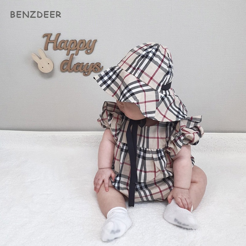 Bộ Áo Liền Quần Ngắn Tay Sọc Ca Rô + Mũ Thời Trang Cổ Điển Cho Bé Gái