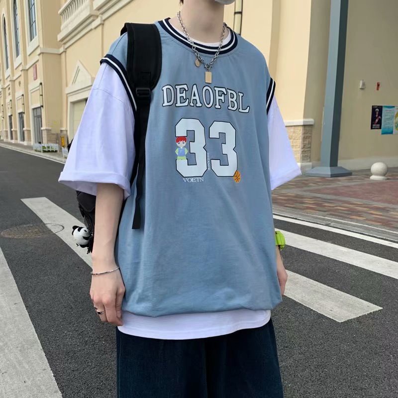 Áo thun nam tay ngắn giả hai lớp phong cách Hồng Kông thời trang mùa hè mới năng động