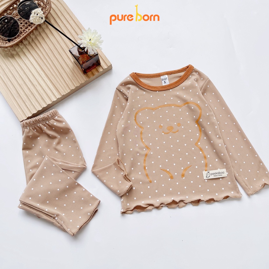 Bộ dài tay bé gái tăm lạnh Mặt hình Gấu chấm bi , bộ thu đông bé gái mềm đẹp dễ thương 8 -20kg Pureborn : T41