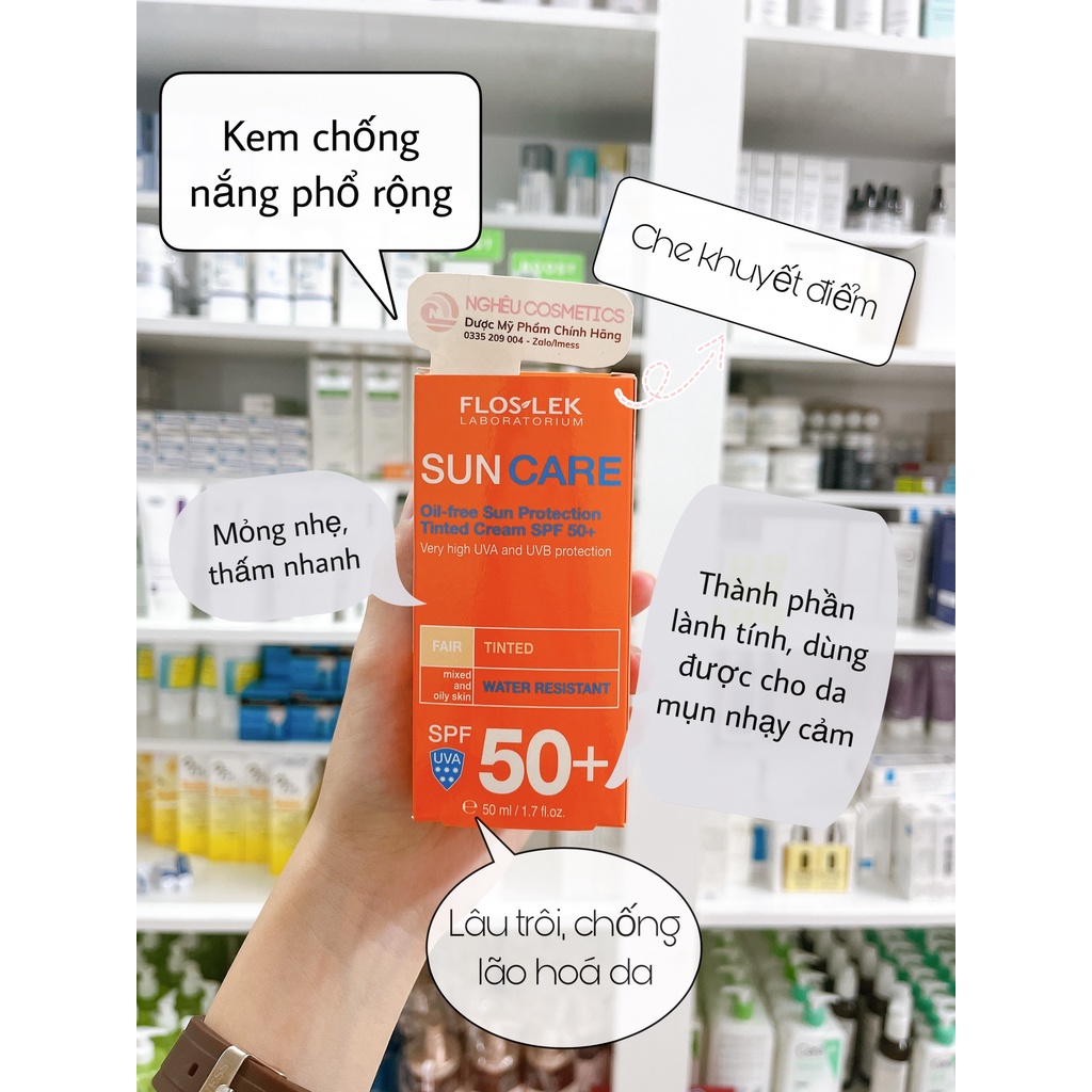 Kem Chống Nắng Floslek SPF 50+ Phổ Rộng Chống Trôi Che Khuyết Điểm Kiềm Dầu Khô Thoáng Cho Da Dầu Mụn Chính Hãng
