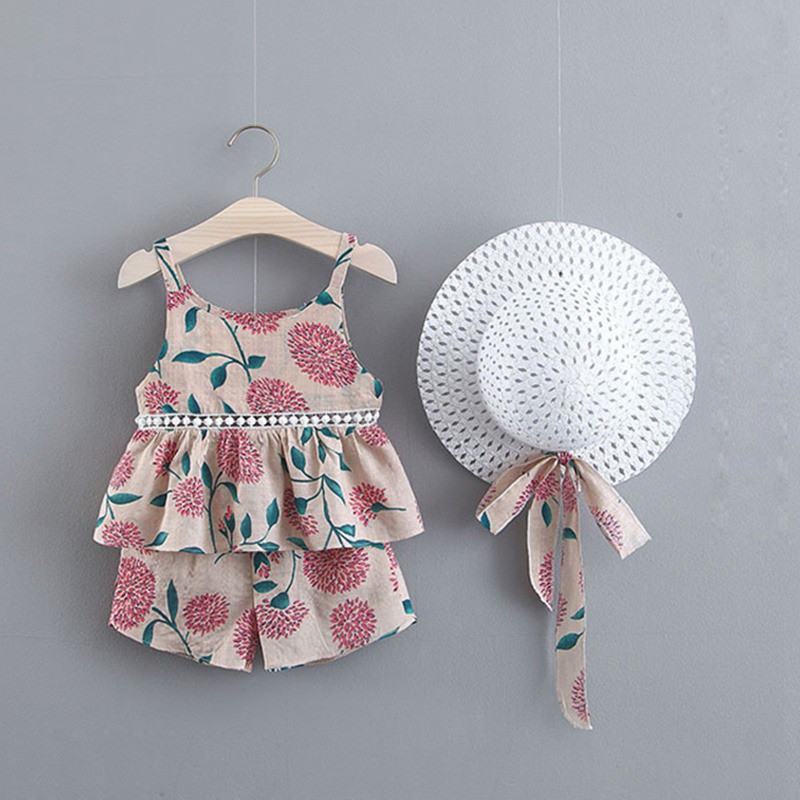 Bộ áo sát nách in hoa + quần ngắn + Mũ cho bé gái