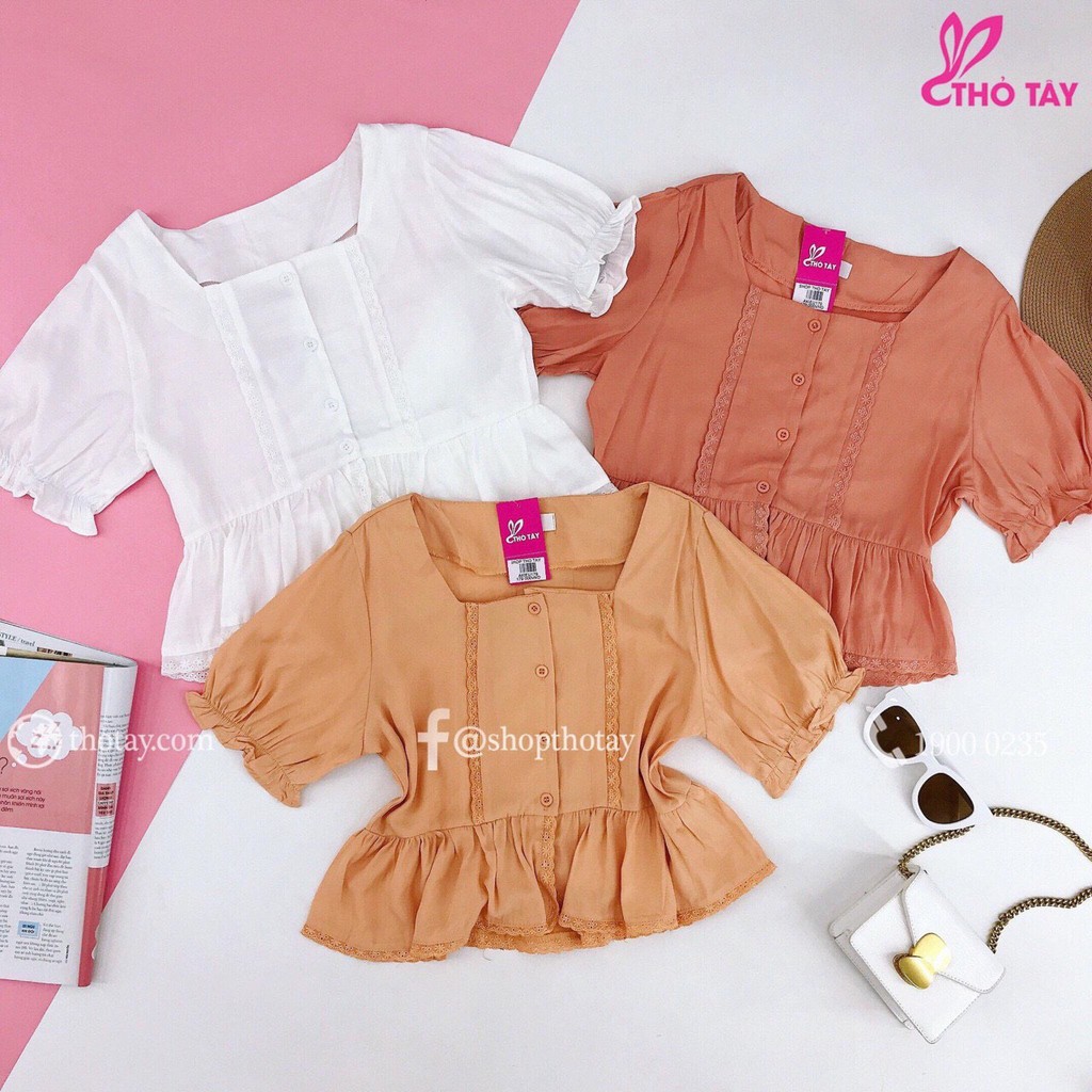 Áo nữ kiểu tay ngắn viền ren phối nút siêu cute, đáng yêu | BigBuy360 - bigbuy360.vn
