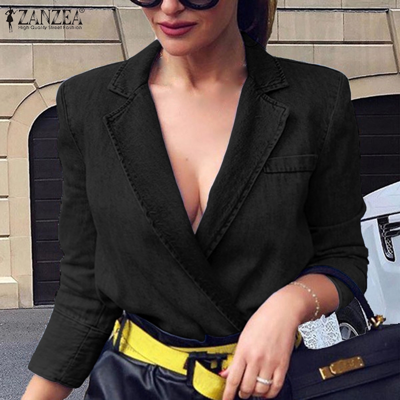 Áo blazer denim ZANZEA dài tay dáng rộng màu trơn dành cho nữ | BigBuy360 - bigbuy360.vn