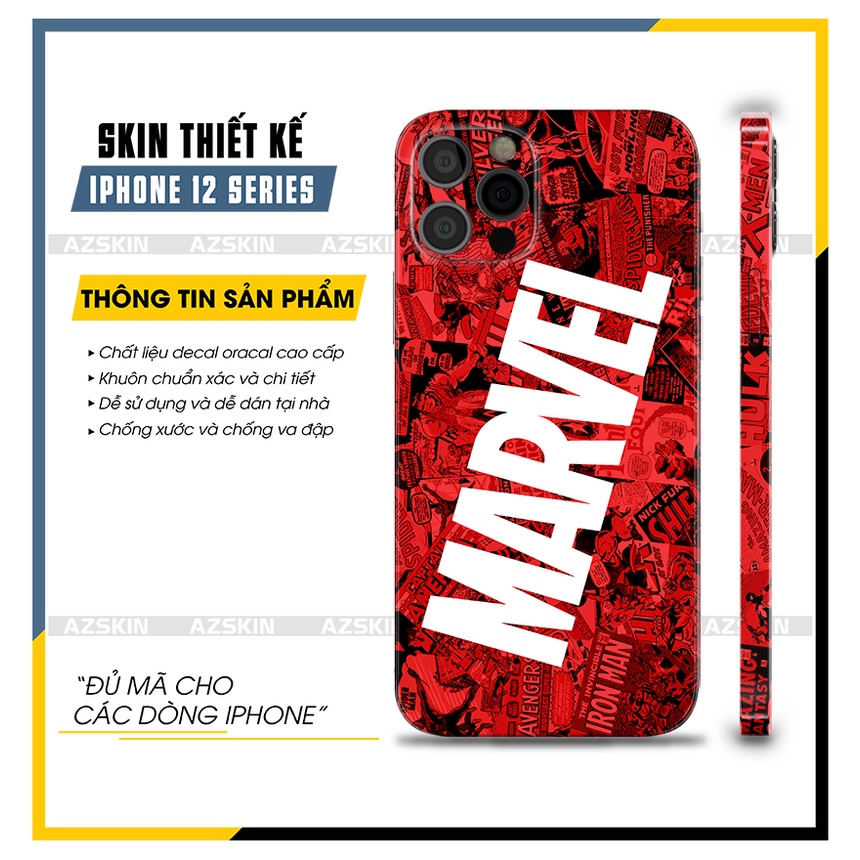 Dán Skin Logo Marvel IPhone 12 Mini/12/12Pro/12 Pro Max|SK_IPDA03| Dán Full Lưng Viền IPhone Chống Xước, Bền Màu, Dễ Dán