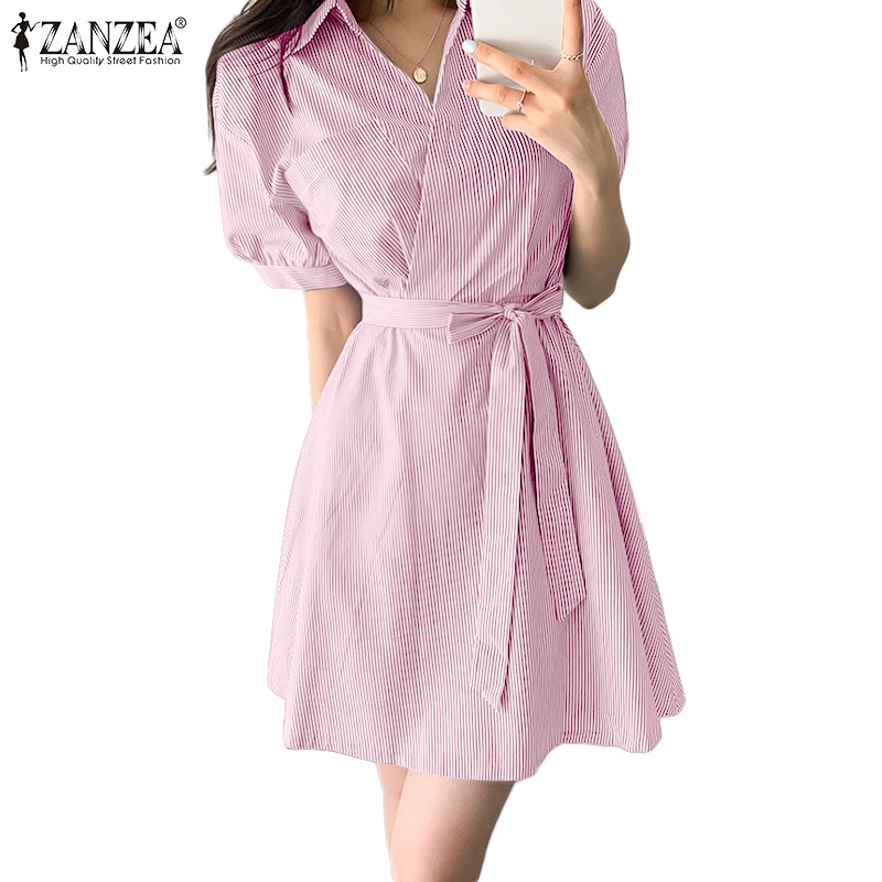 Zanzea Đầm Sơ Mi Tay Ngắn Họa Tiết Sọc Thời Trang Phong Cách Hàn Quốc Cho Nữ