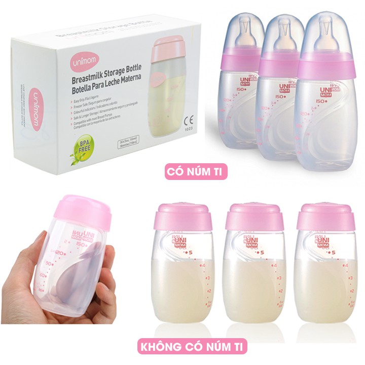 Bộ 3 bình trữ sữa mẹ Unimom 150ml có núm ti / không có núm ti