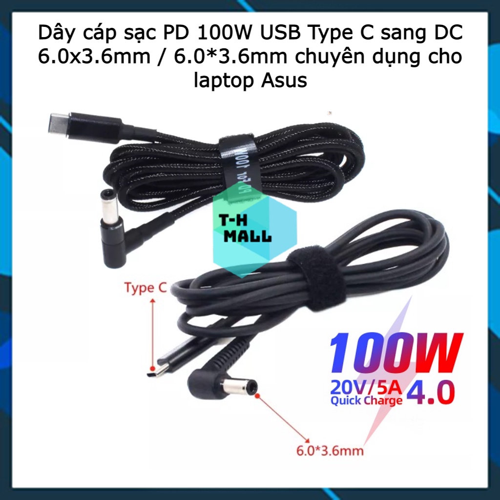 Dây cáp sạc PD 100W USB Type C sang DC DC 6.0x3.6mm / 6.0*3.6mm chuyên dụng cho laptop Asus