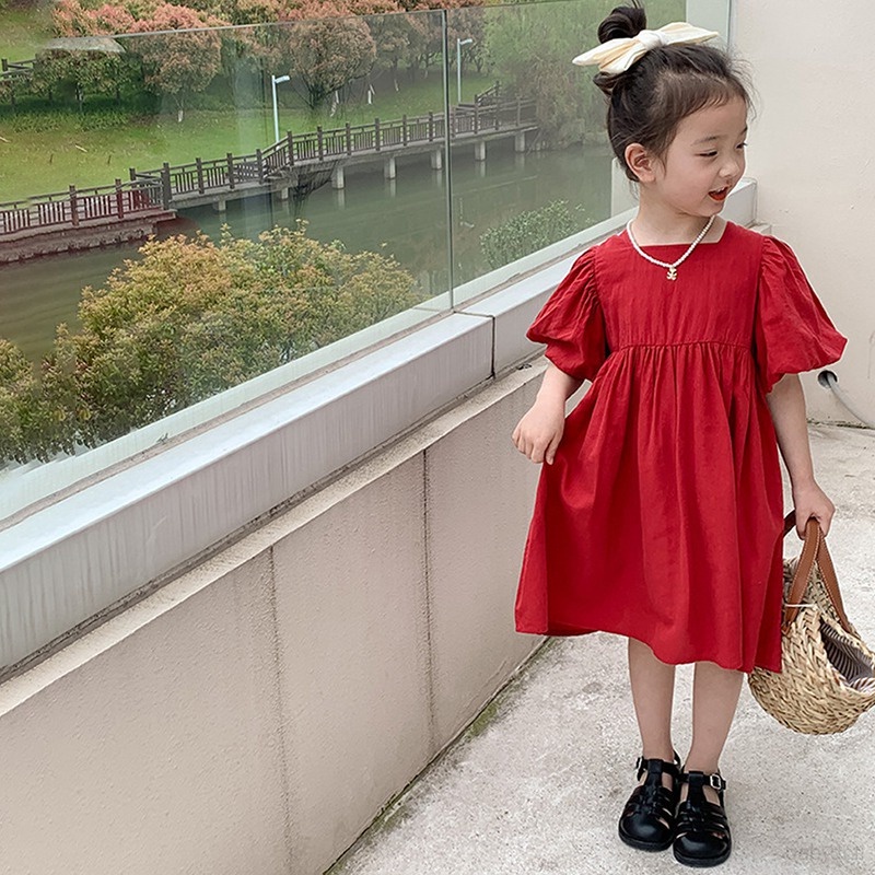 Đầm Công Chúa Màu Trơn Thắt Nơ Lưng Phồng Hở Lưng Thoáng Khí Dành Cho Bé Gái