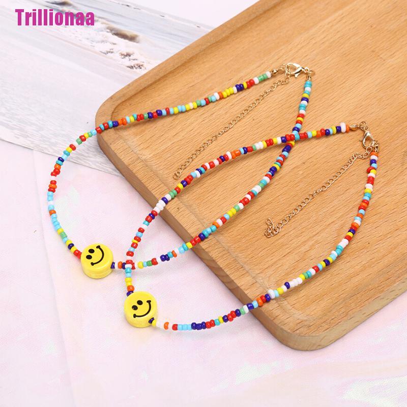 [Trillionaa] Vòng Cổ Choker Chuỗi Hạt Nhiều Màu Sắc Mặt Cười Phong Cách Bohemia