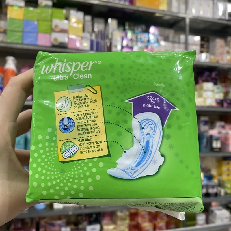 Băng vệ sinh Whisper Ultra Clean ban đêm siêu thấm có cánh 14 miếng