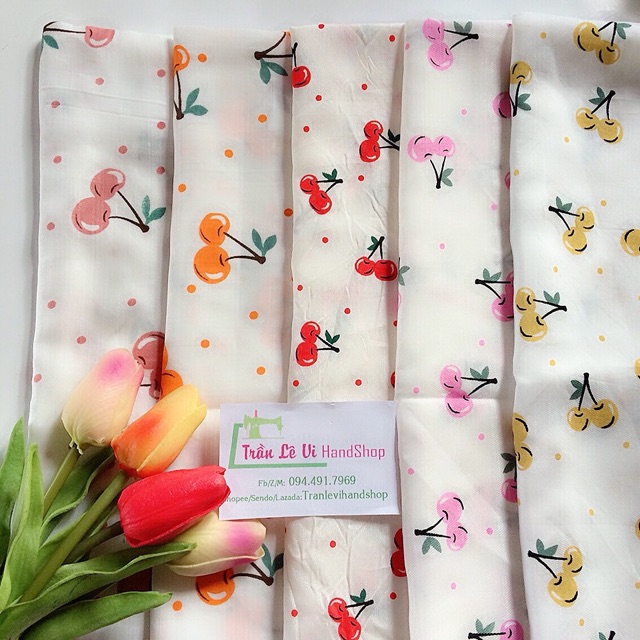V330🍒 VẢI TWILL CAO CẤP HOẠ TIẾT CHERRY MAY ĐỒ CHO TRẺ EM, DOLL, OBITSU, DIY, DECOR, HANDMADE, QUILTING, SCRUNCHIES....