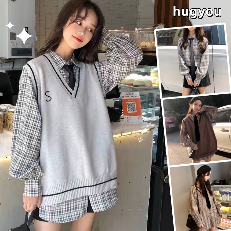 Áo Len Không Tay Form Rộng Họa Tiết Sọc Caro In Chữ Phong Cách Hàn Quốc