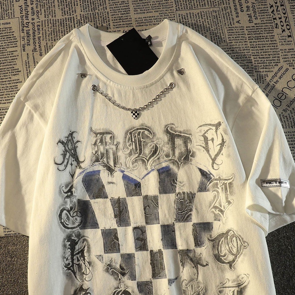 Áo Thun Nam Tay Ngắn In Hình Bàn Cờ Mỹ Phong Cách Retro Đường Phố Phương Tây Niche