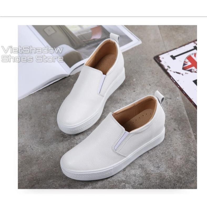 Slip on da nữ đế xuồng - Giày lười da nữ độn đế - Chất liệu da bò màu (trắng) và (đen) - Mã SP: 9909 -h91