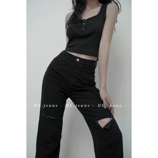Quần jeans nữ ống đứng lưng cao đen rách H.N.M STORE hottrend
