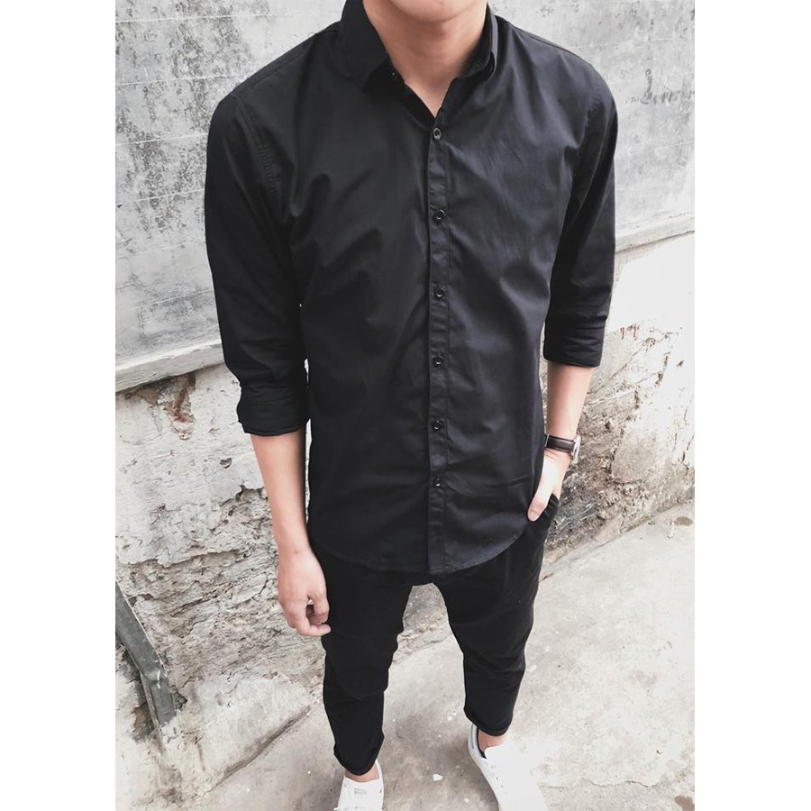 Áo Sơ Mi Dài Tay Nam Đen Trơn Chất Lụa Mịn Chống Nhăn Thời Trang Lịch Lãm