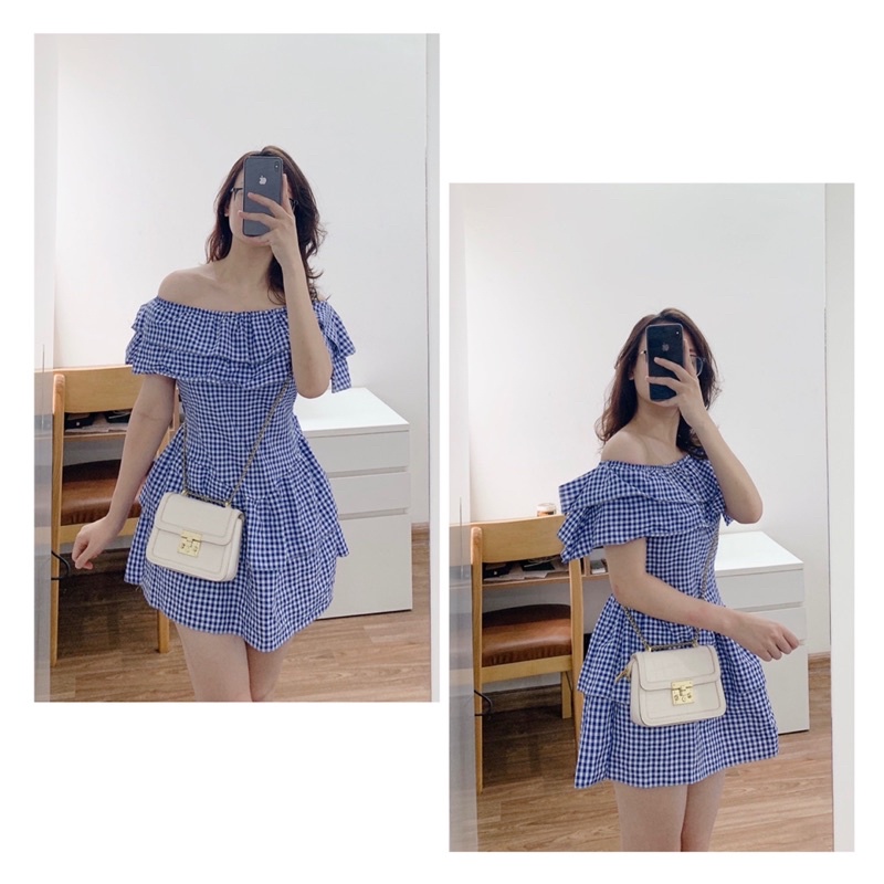 Váy/đầm trễ vai caro xanh ôm body, váy nhúm vai tiểu thư hot hit mùa hè, đi biển | BigBuy360 - bigbuy360.vn