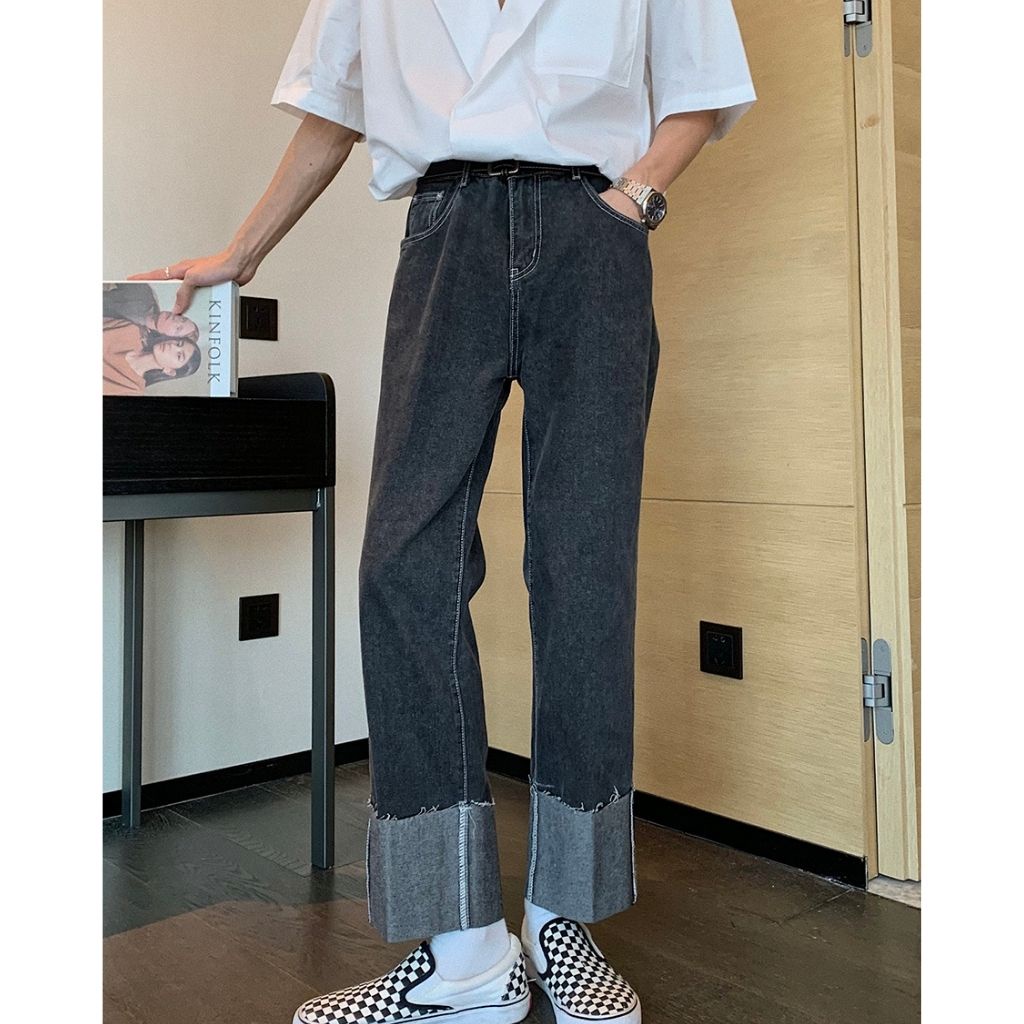 Quần ống rộng Tunoma quần bò ống suông sắn gấu unisex phong cách Hàn quốc QB01