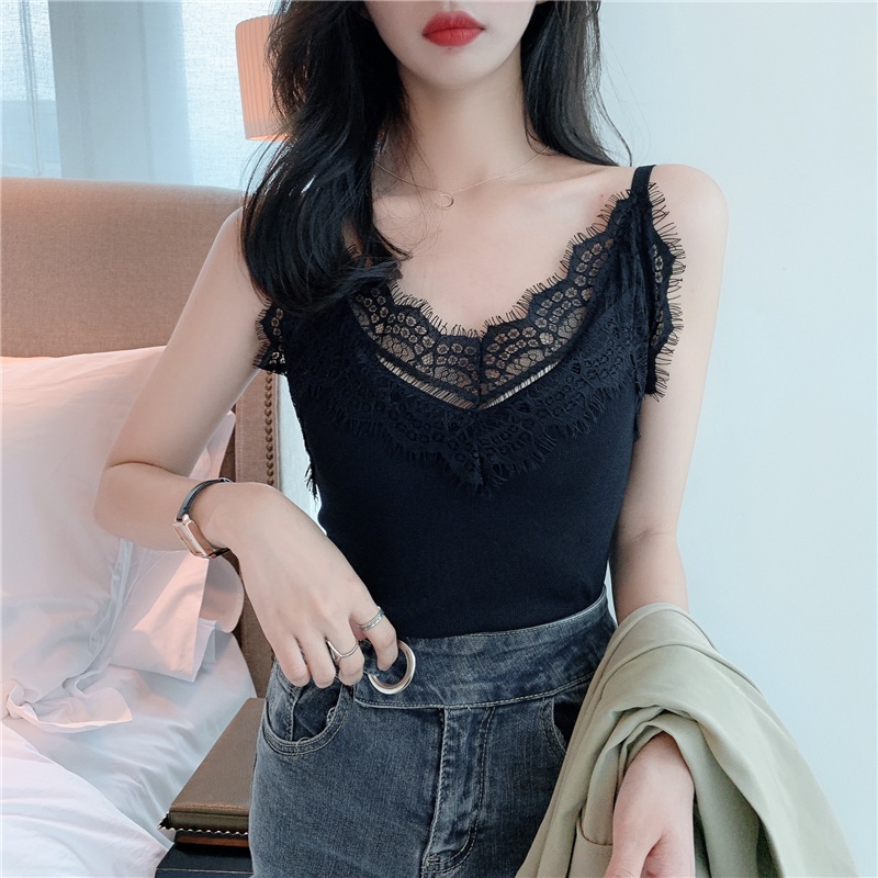 Áo Hai Dây Dệt Kim Cổ Chữ V Phối Ren Phong Cách Hàn Quốc Thời Trang Mùa Hè Tinh Tế Cho Nữ