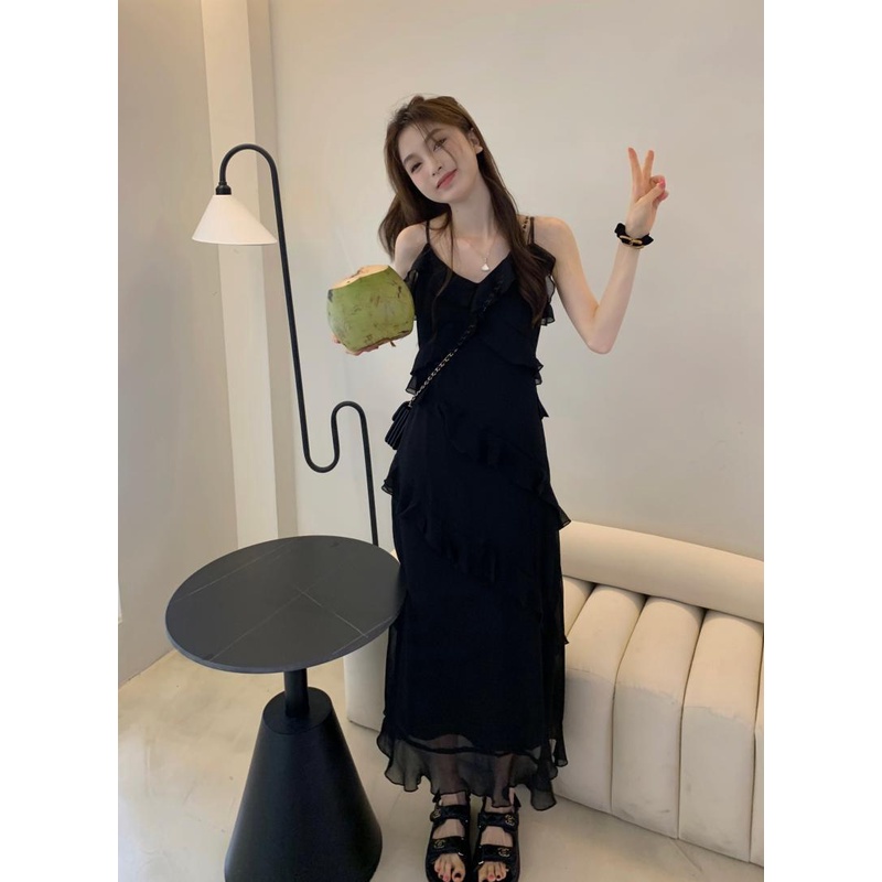Đầm Lửng Hai Dây Mỏng Màu Đen Thời Trang Mùa Hè 2022 Dành Cho Bạn Nữ
