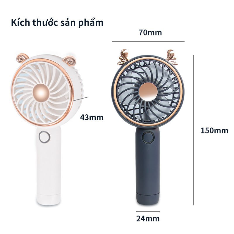 Quạt tích điện cầm tay đèn LED tinh tế nhỏ có đế để bàn với 3 tốc độ gió