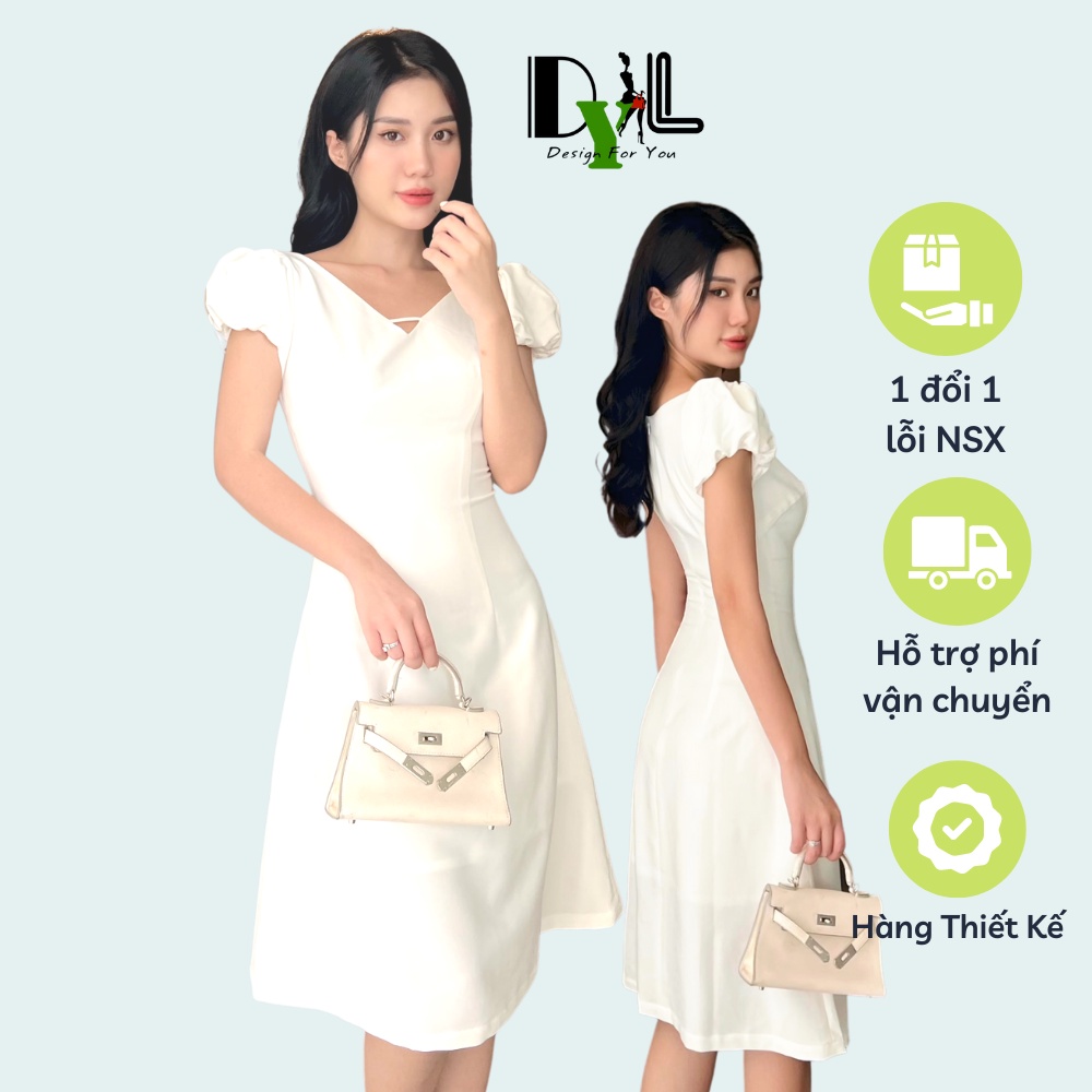 Đầm Thiết Kế Cao Cấp Màu Trắng, Váy Chữ A, Tay Phồng Hai Lớp Đi Làm, Đi Chơi Sang Trọng