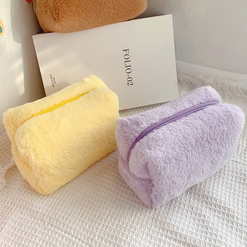 Túi Đựng Mỹ Phẩm/ Đồ Trang Điểm Phủ Lông Màu Trơn Có Khóa Kéo Phong Cách Hàn Quốc Nhỏ Gọn Tiện Dụng