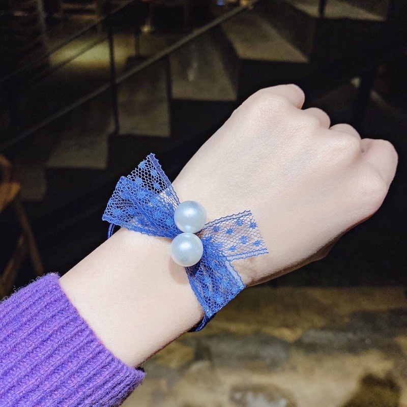 Dây buộc tóc đính nơ ren và hạt châu trắng cute