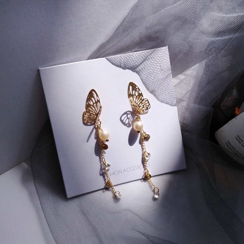 Bông Tai Bạc Dáng Dài Hình Bướm Ba Chiều Đính Ngọc Trai Pha Lê Siêu Nữ Tính JP5