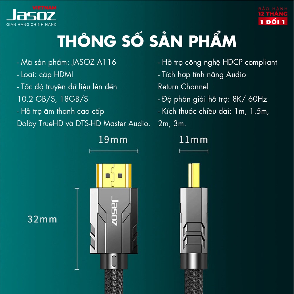 Cáp HDMI HD phiên bản 8K JASOZ A116 - Hàng chính hãng - Bảo hành 18 tháng